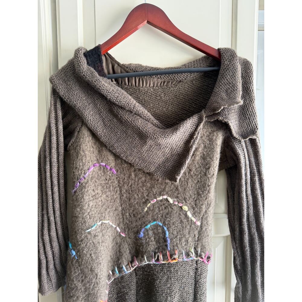 Y2K Midi embroidered sweater dress Ruffle Whimsy goth Lagenlook Art Brown Sz S/M - Picture 14 of 14